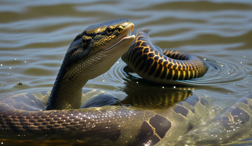 Close-Up of Snake Head Above Water Reflecting Scales