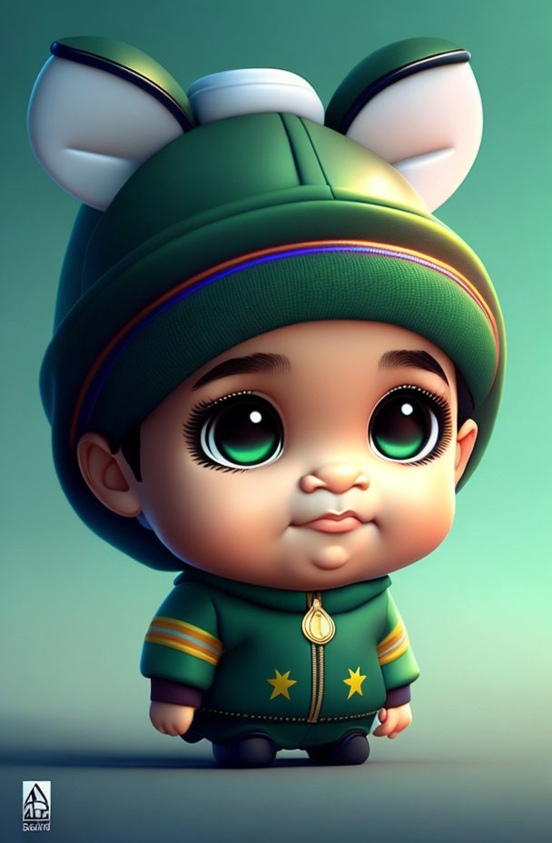 Stylized 3D cartoon toddler in green hoodie and mouse-ear beanie