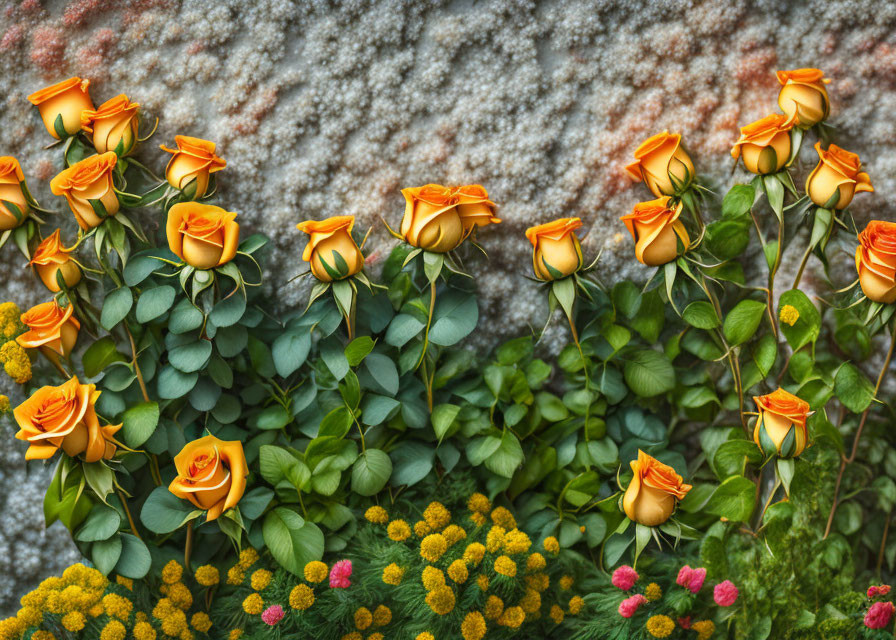 Colorful orange roses and yellow flowers on gray textured background with green foliage.