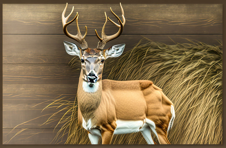 Realistic deer model with antlers on wooden wall and tall grass