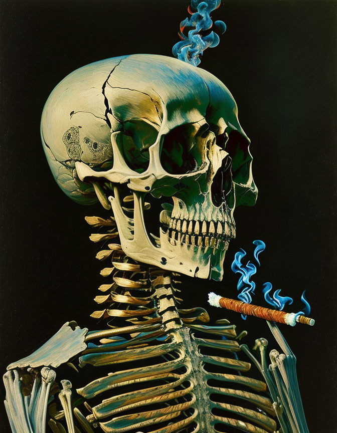 Skeleton painting with tilted skull and smoking cigarette on black background