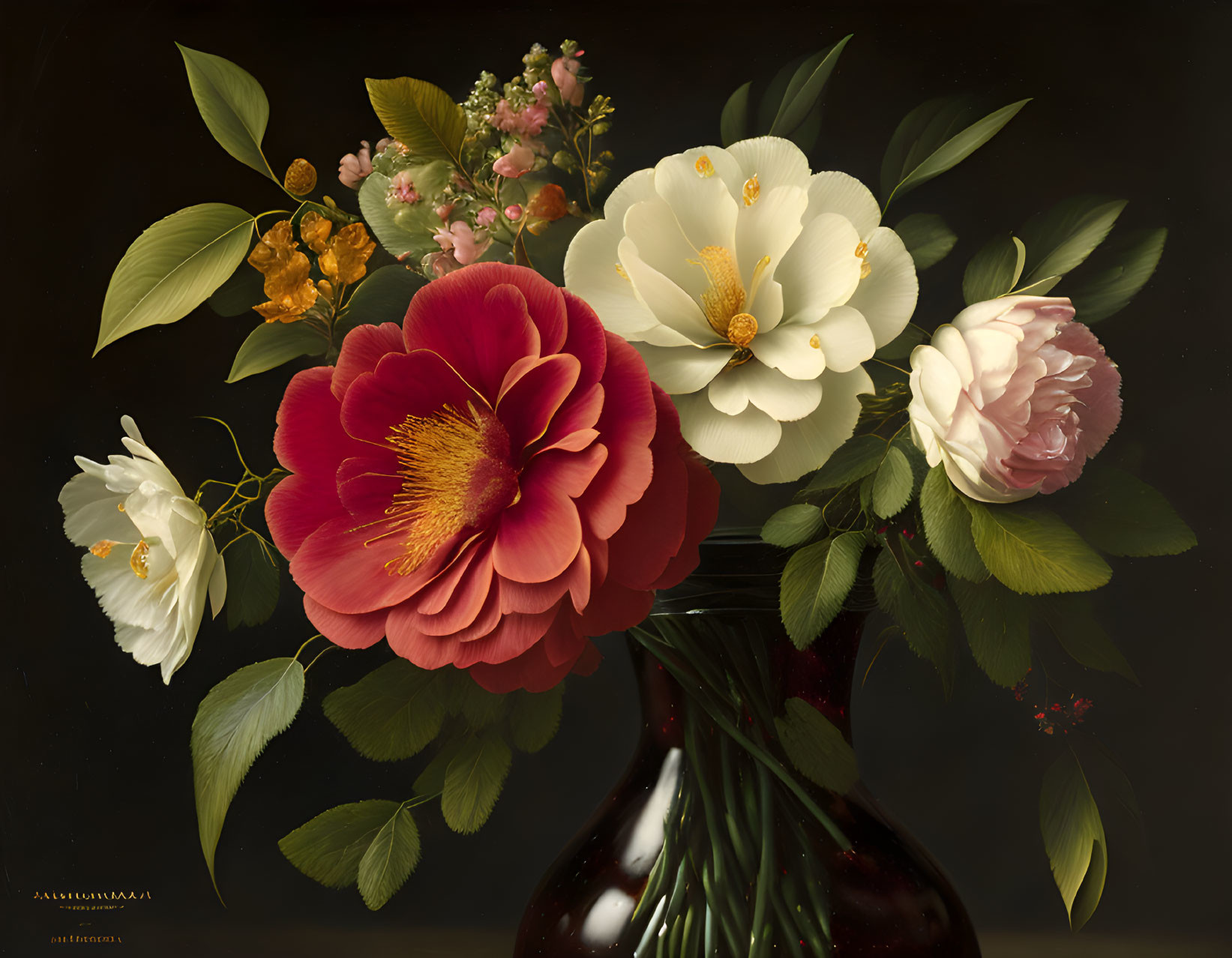 Vibrant flowers in dark vase against black background