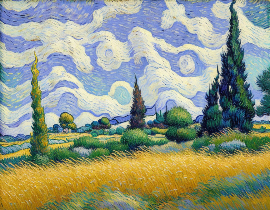 Impressionist painting of swirling sky, stars, cypress trees, & golden wheat fields