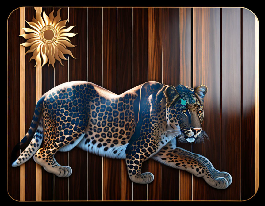 Stylized leopard with spots on brown striped background and sun emblem