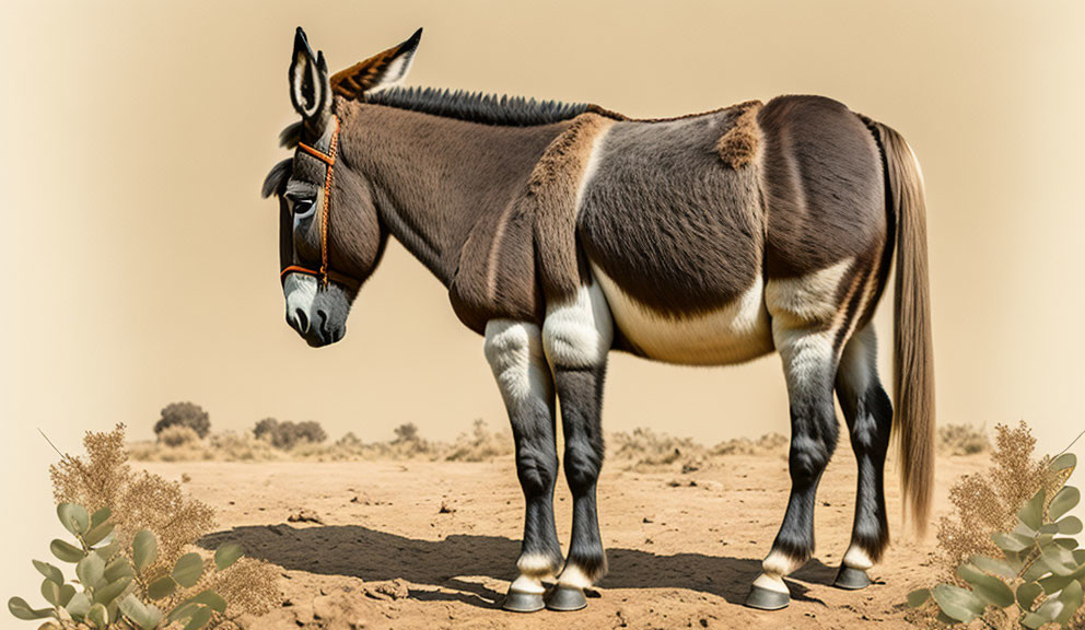 Bridled donkey in desert landscape with sparse vegetation