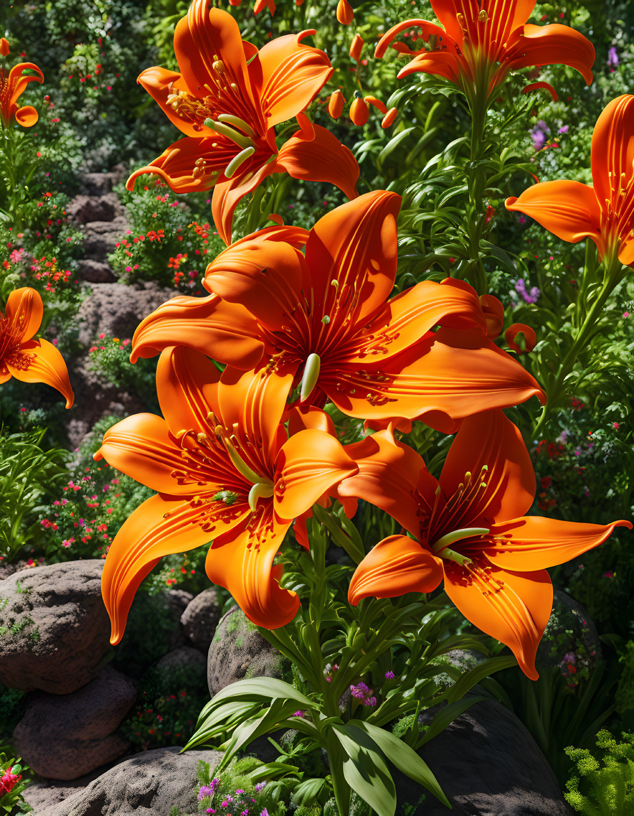 Vibrant orange lilies in lush garden with greenery and pink flowers.