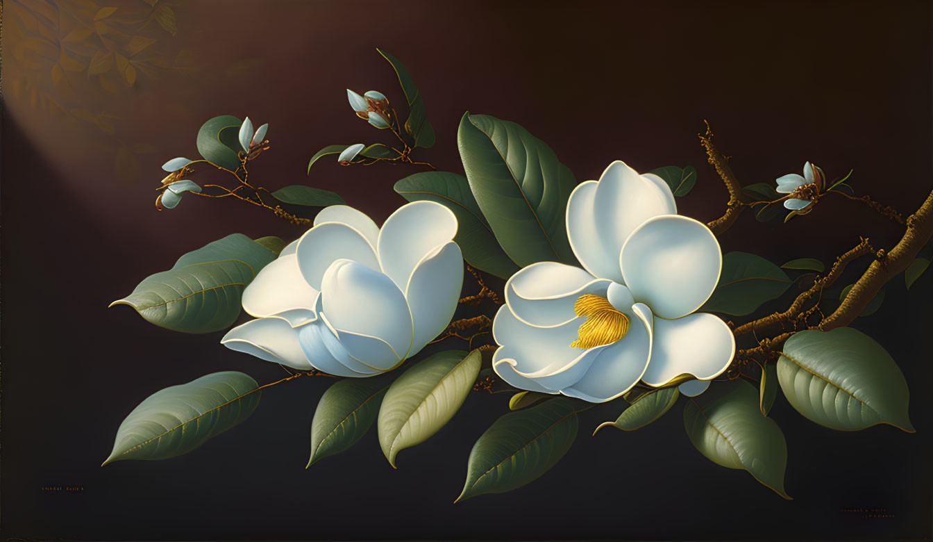 Magnolia branch painting with white blossoms on dark background