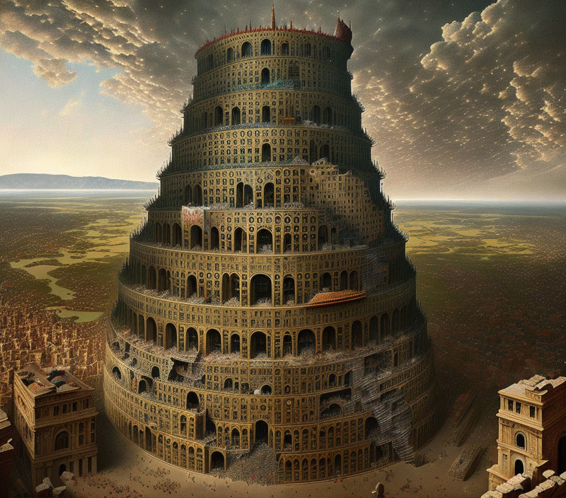 Intricate multi-tiered Tower of Babel in vast landscape