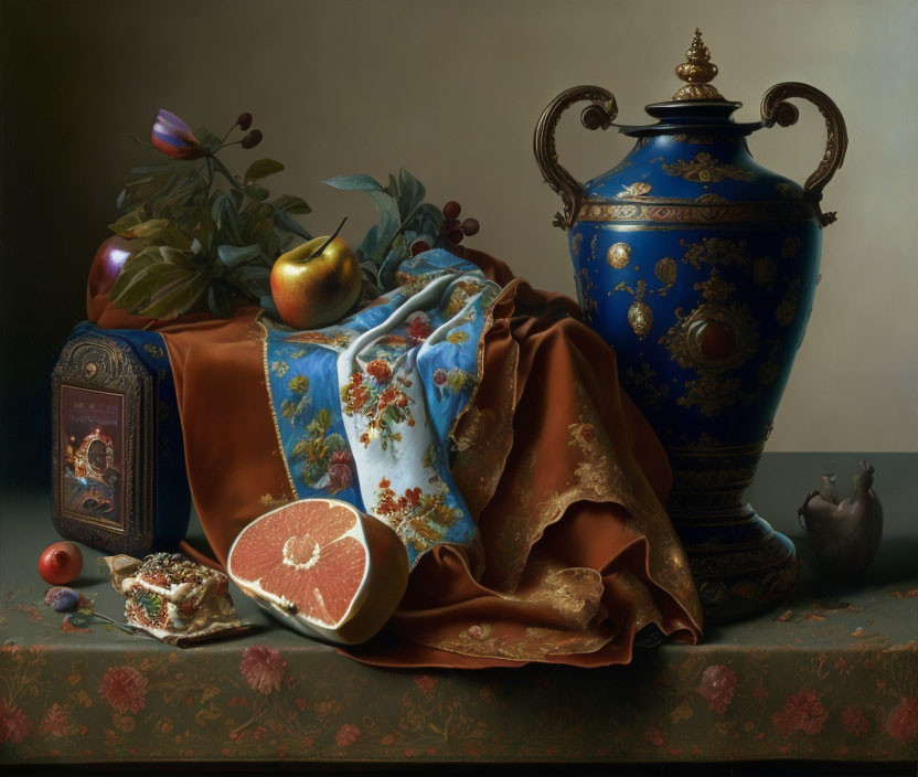 Decorative blue urn with fruit, fabric, book, and figurine on tabletop