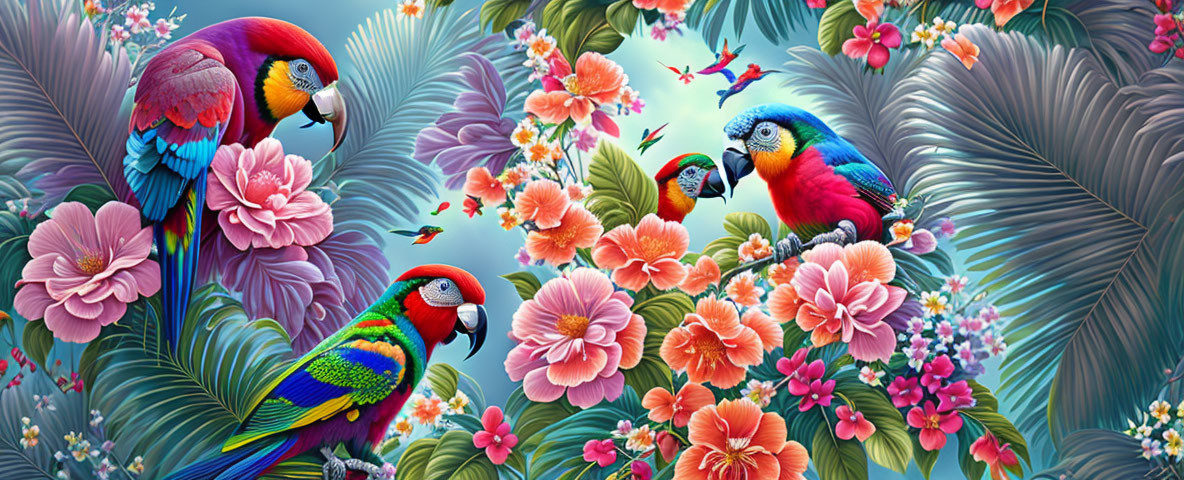 Vibrant parrots in tropical setting with colorful flowers.