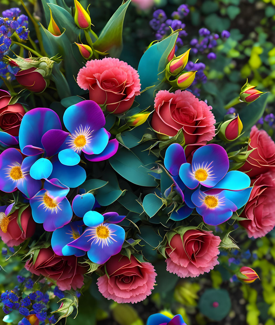 Colorful Bouquet with Blue Orchids, Red Roses, and Green Foliage on Floral Background