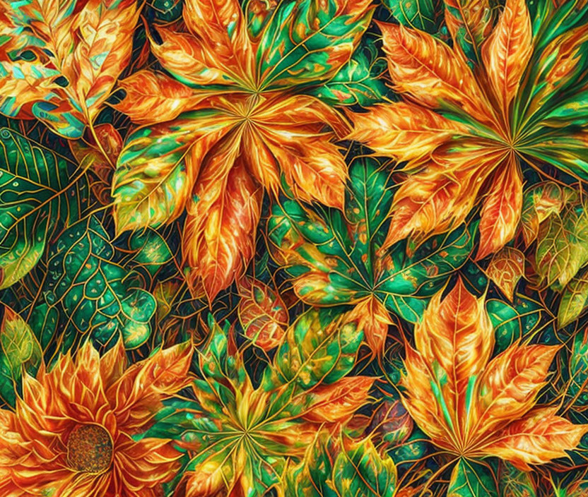 Colorful digital illustration of lush foliage with green, orange, and golden leaves and intricate veining patterns