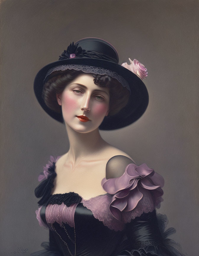 Woman with pale skin in red lipstick, elegant hat with flowers, black dress with pink ruffles