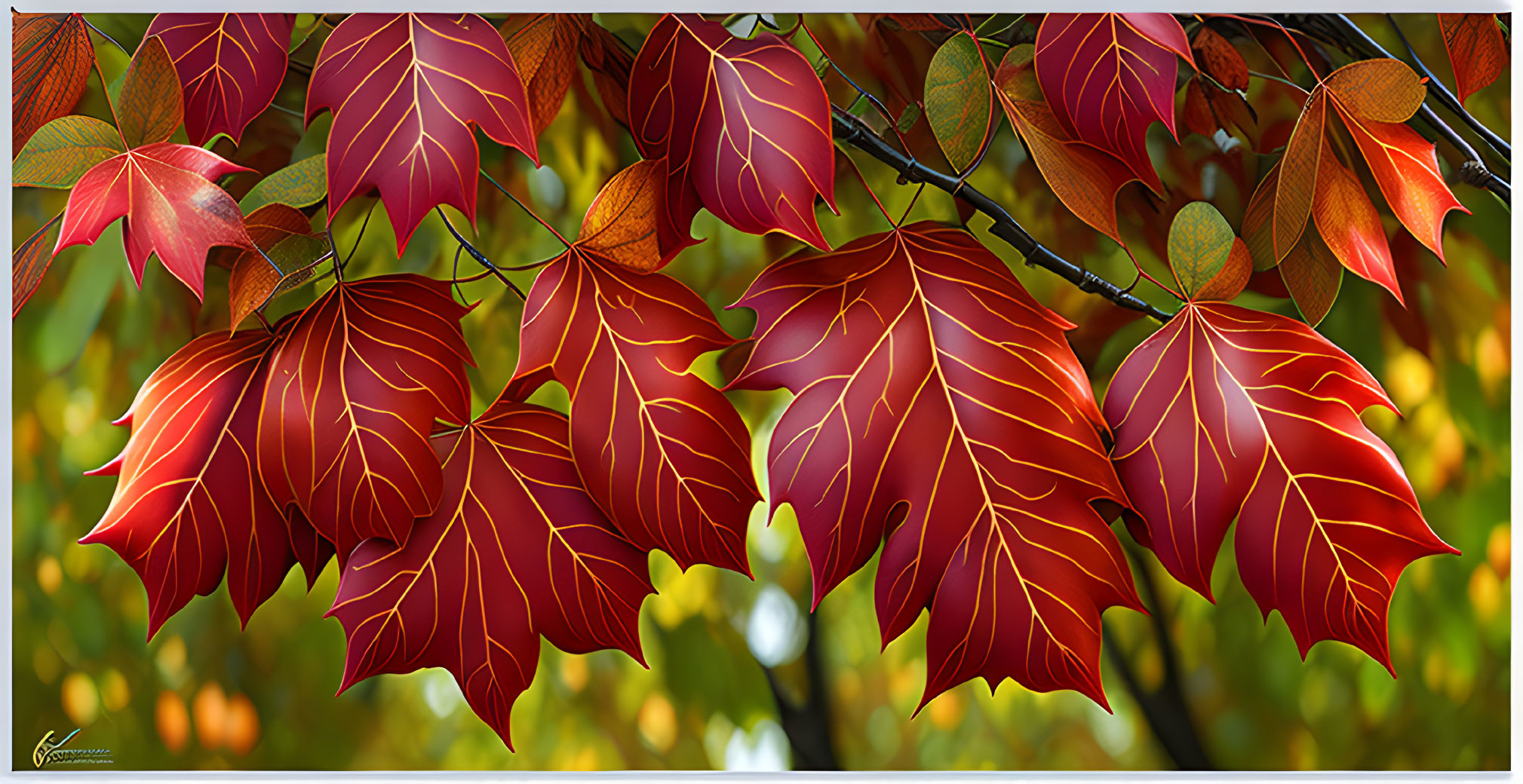 Colorful autumn leaves on tree branch against blurred fall foliage