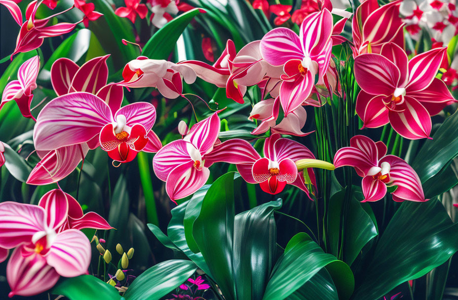 Pink Orchids with Patterned Petals and Green Leaves Display