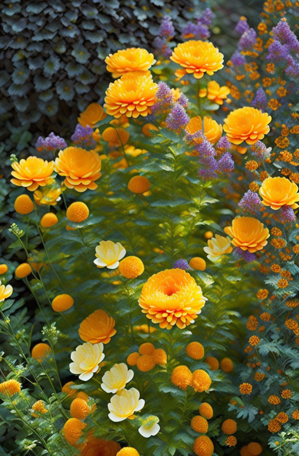 Colorful Garden Blooming with Orange-Yellow and Purple Flowers