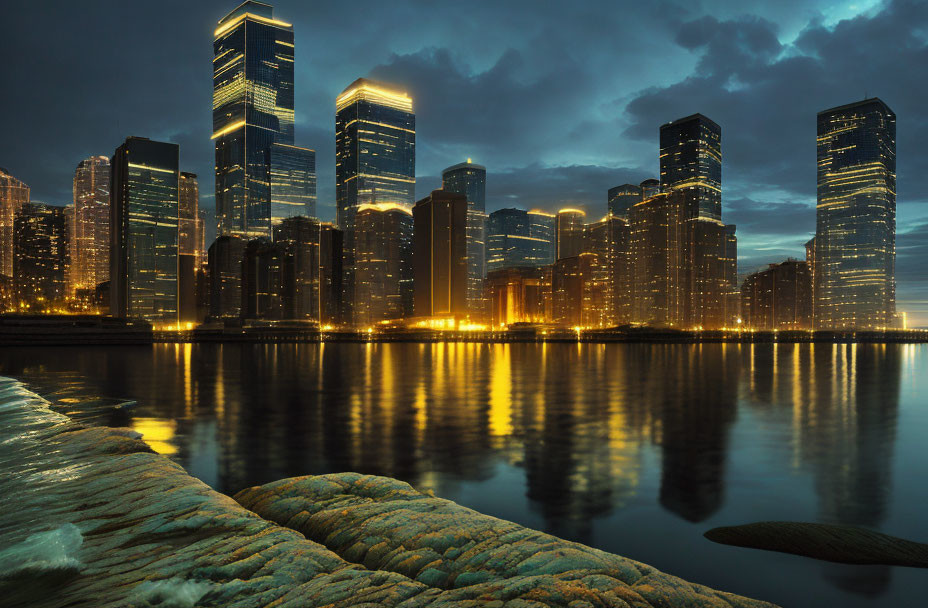 City skyline at dusk with illuminated skyscrapers and water reflections.