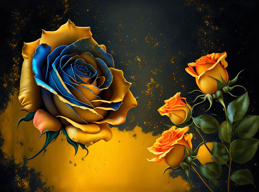 Colorful digital artwork: Blue and gold rose with orange roses on dark, starry backdrop