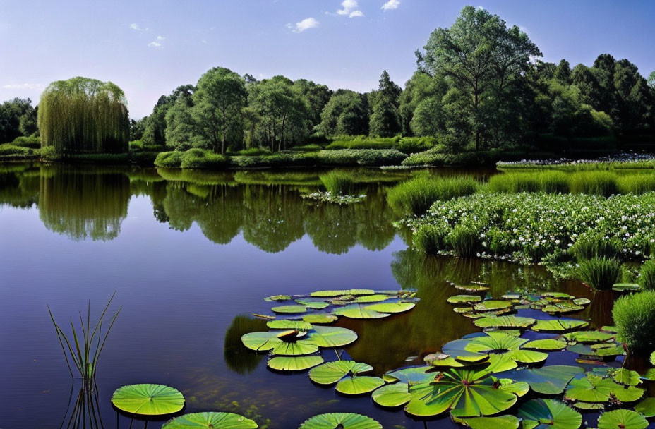 Serene Lake Scene with Lily Pads and Reflections