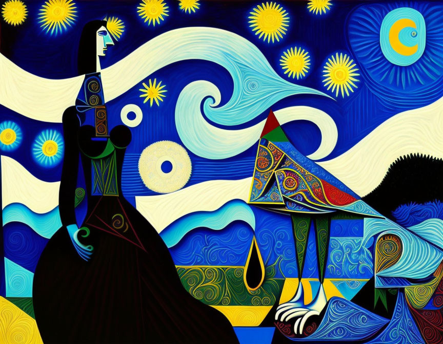 Colorful Abstract Artwork Inspired by 'The Starry Night' with Cubist Figures