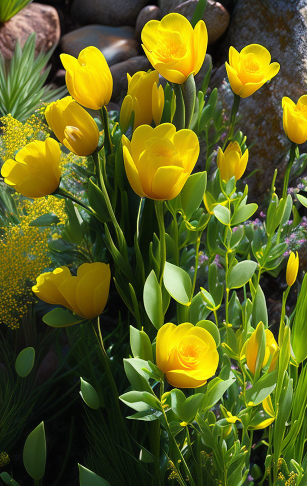 Vibrant spring scene: yellow tulips in sunlight with greenery and rocks