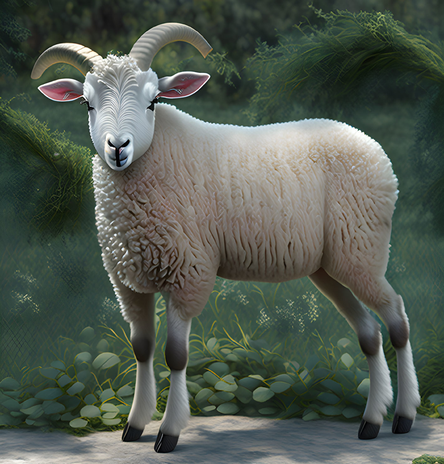 3D rendering of a ram with prominent horns in lush green landscape