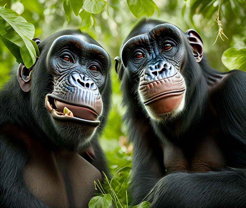 Chimpanzees with blue facial markings in lush green foliage