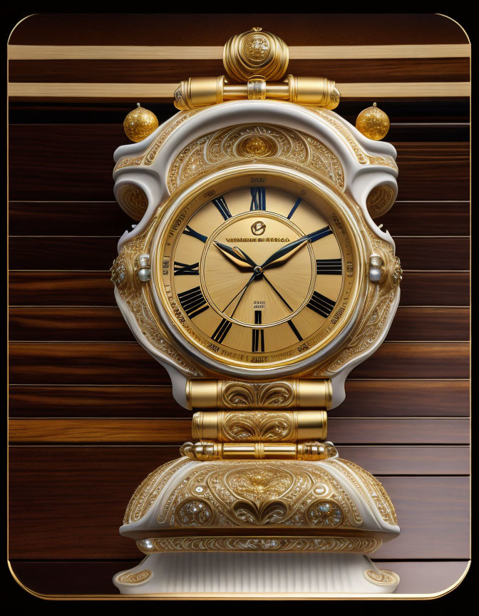 Vintage Gold and White Wall Clock with Roman Numerals on Dark Wood Grain Background