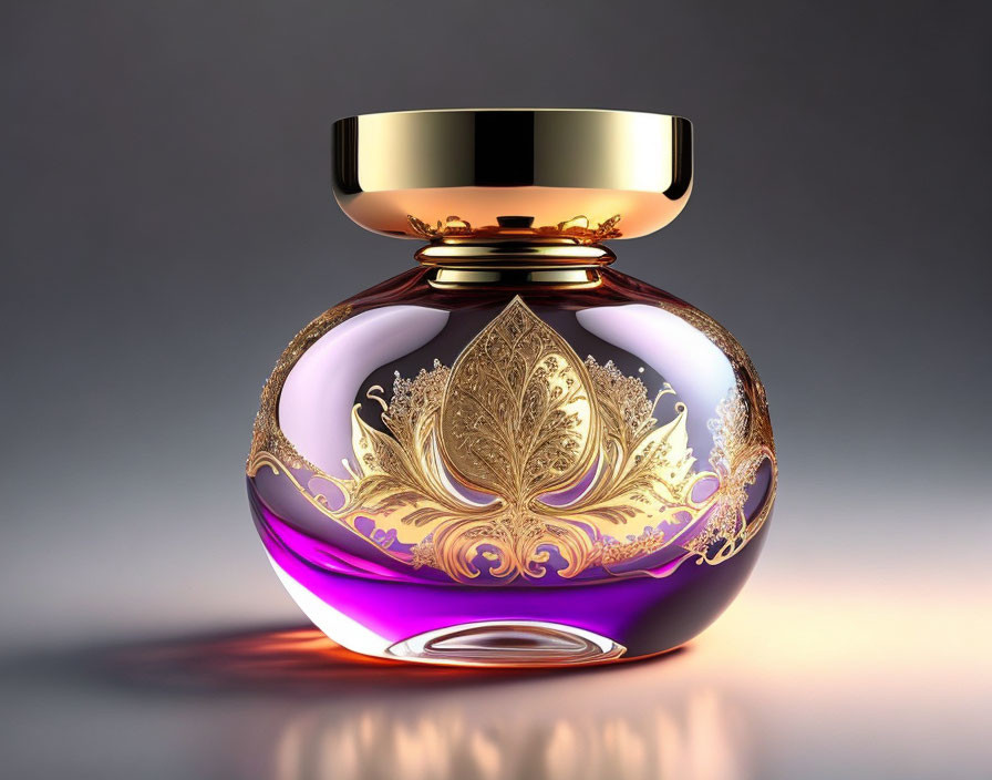 Purple Perfume Bottle with Gold Accents and Leaf Pattern on Gradient Background