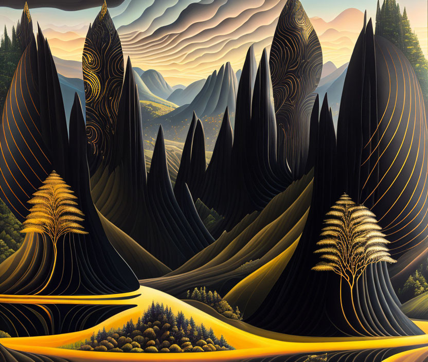 Surreal black and yellow landscape with wavy mountains and swirling patterns