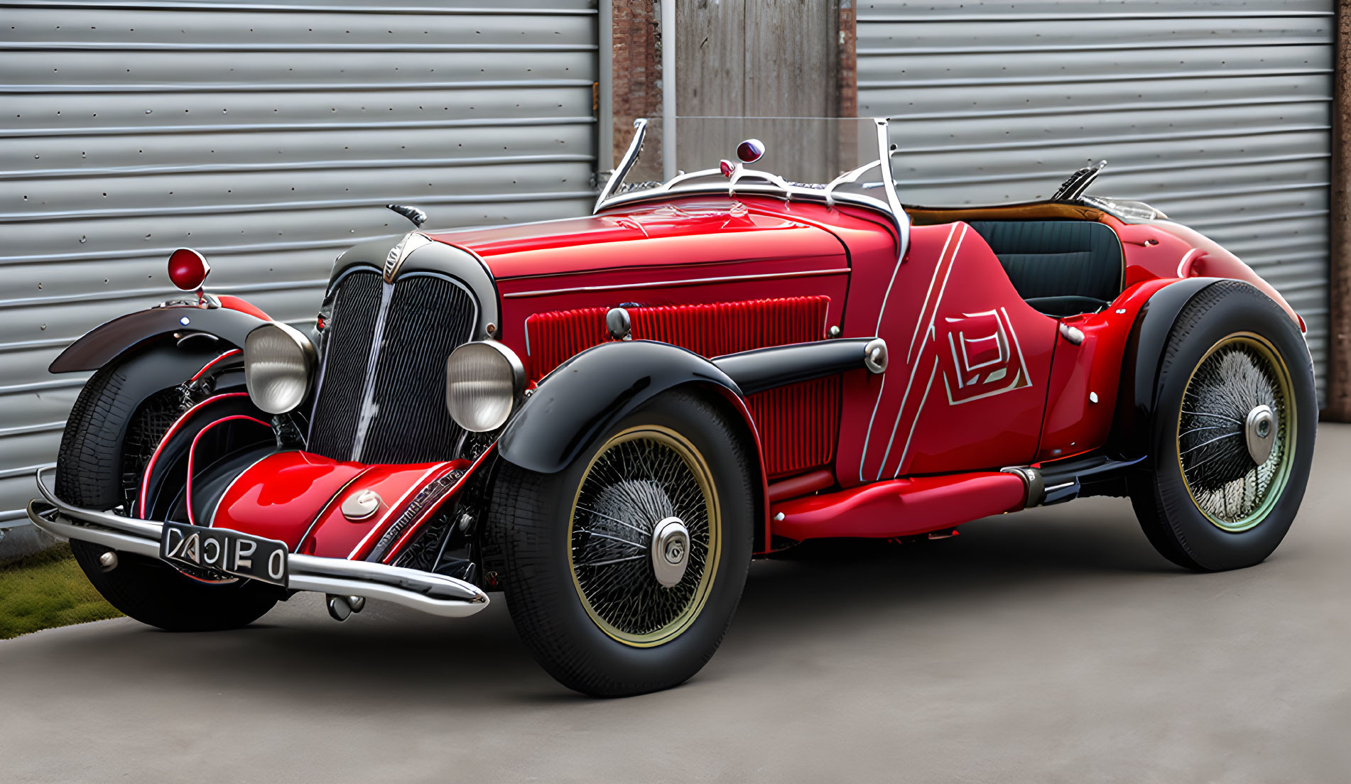 Vintage Red Convertible Car with Chrome Accents and Spoke Wheels Parked by Metal Gate