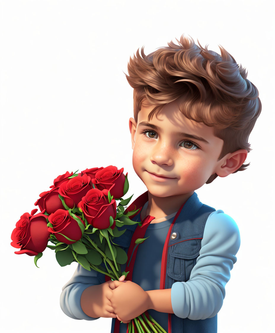 Young boy with curly hair and blue vest holding red roses bouquet in 3D illustration