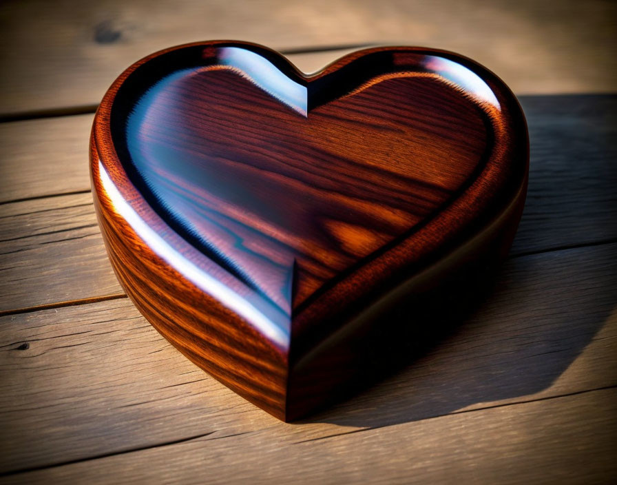 Wooden Heart-Shaped Box with Glossy Finish on Table Reflecting Soft Light