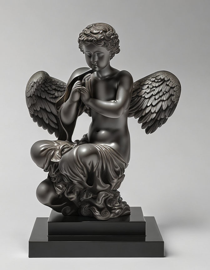 Monochrome sculpted angel with detailed wings and draped clothing seated on a pedestal