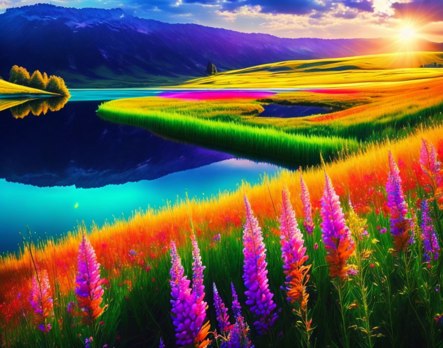 Scenic sunset over reflective lake and flower fields