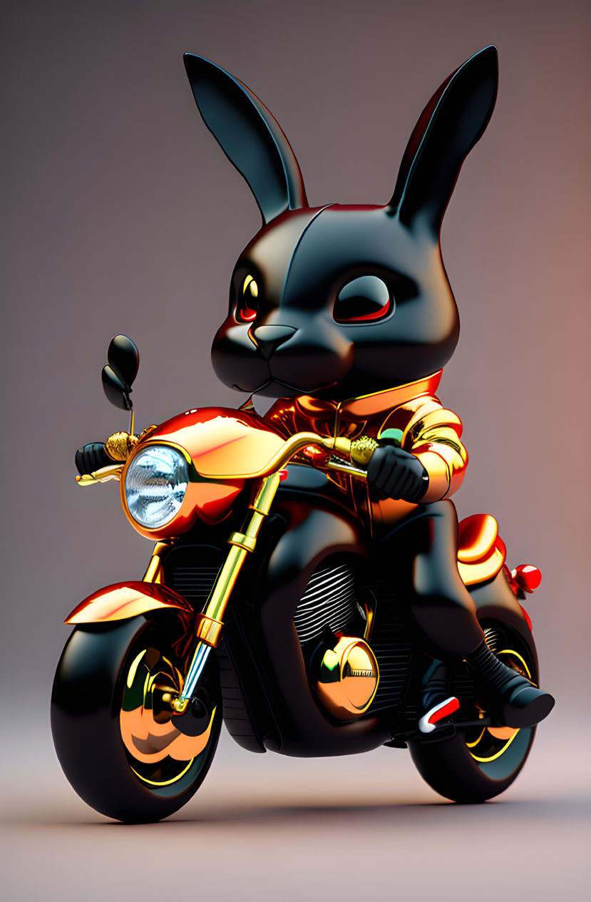 Stylized anthropomorphic black rabbit in red jacket on orange scooter