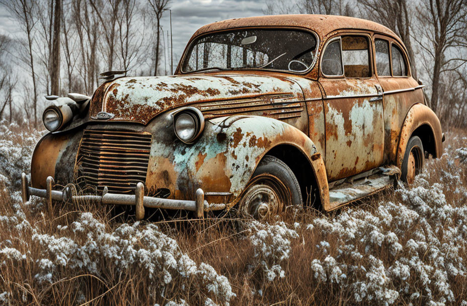 Abandoned vintage car in rusty condition in a field with dry plants under overcast sky