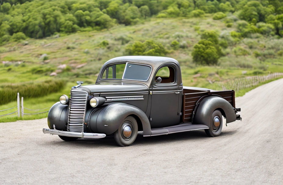 Classic Pickup Truck on Countryside Road with Green Hills