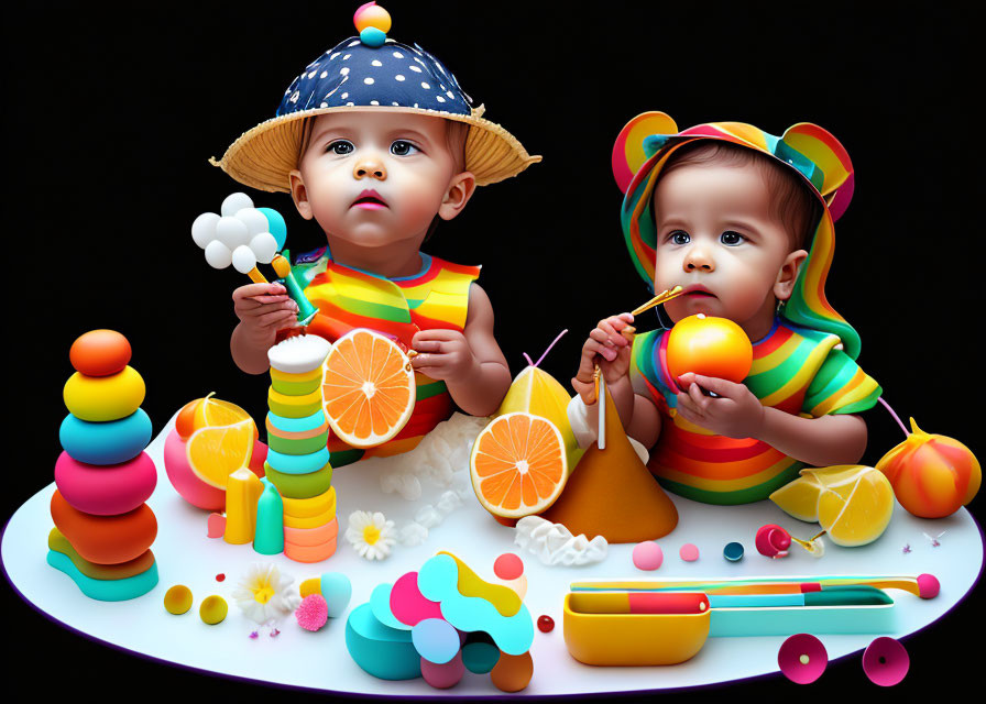 Colorful Toys and Fruit Surround Two Babies in Fun Attire