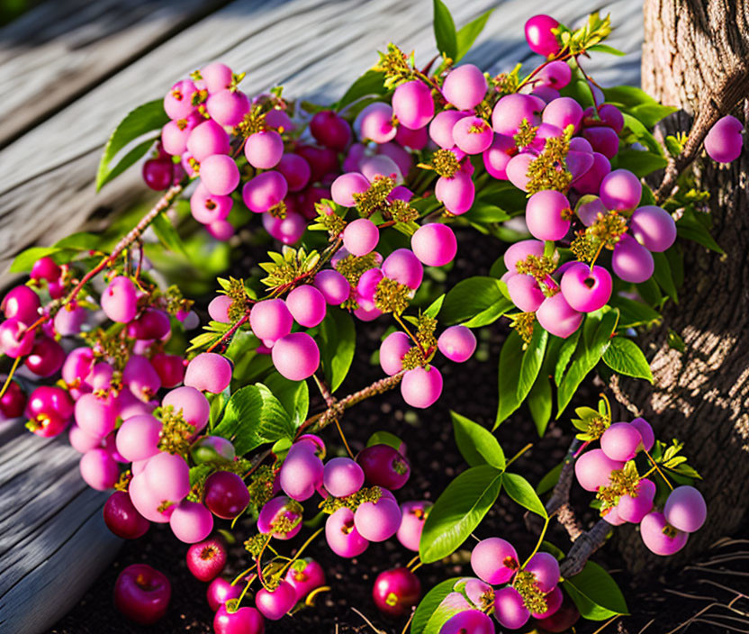 Vibrant pink berries and green leaves in sunlight by wooden surface