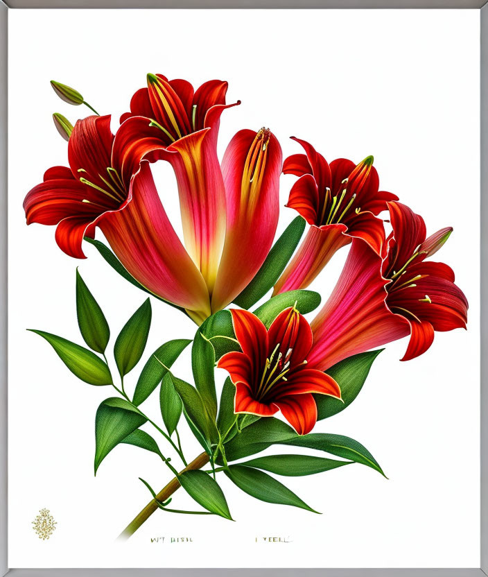 Detailed Botanical Illustration: Red Lilies, Yellow Gradients, Dark Green Leaves