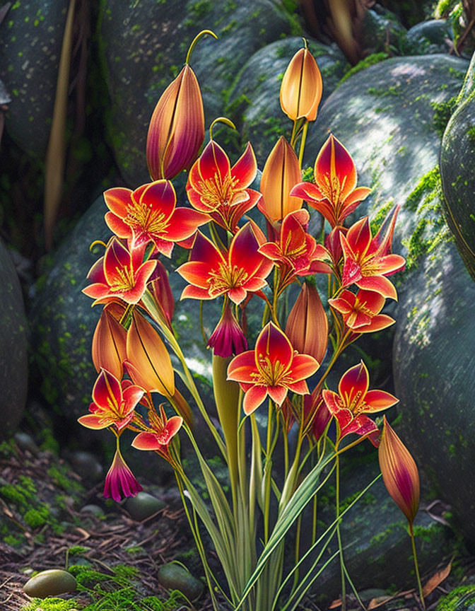 Vibrant orange lilies with red accents in lush garden setting