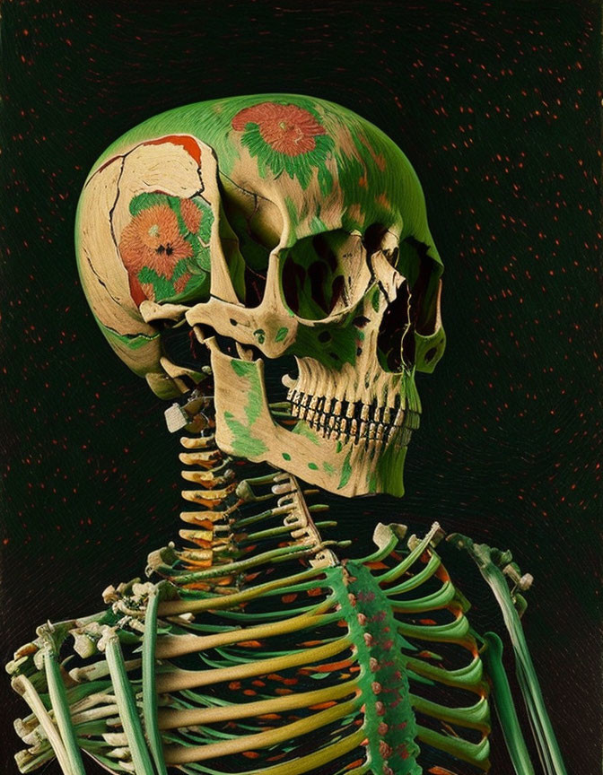 Human skeleton with floral skull on dark background and red specks