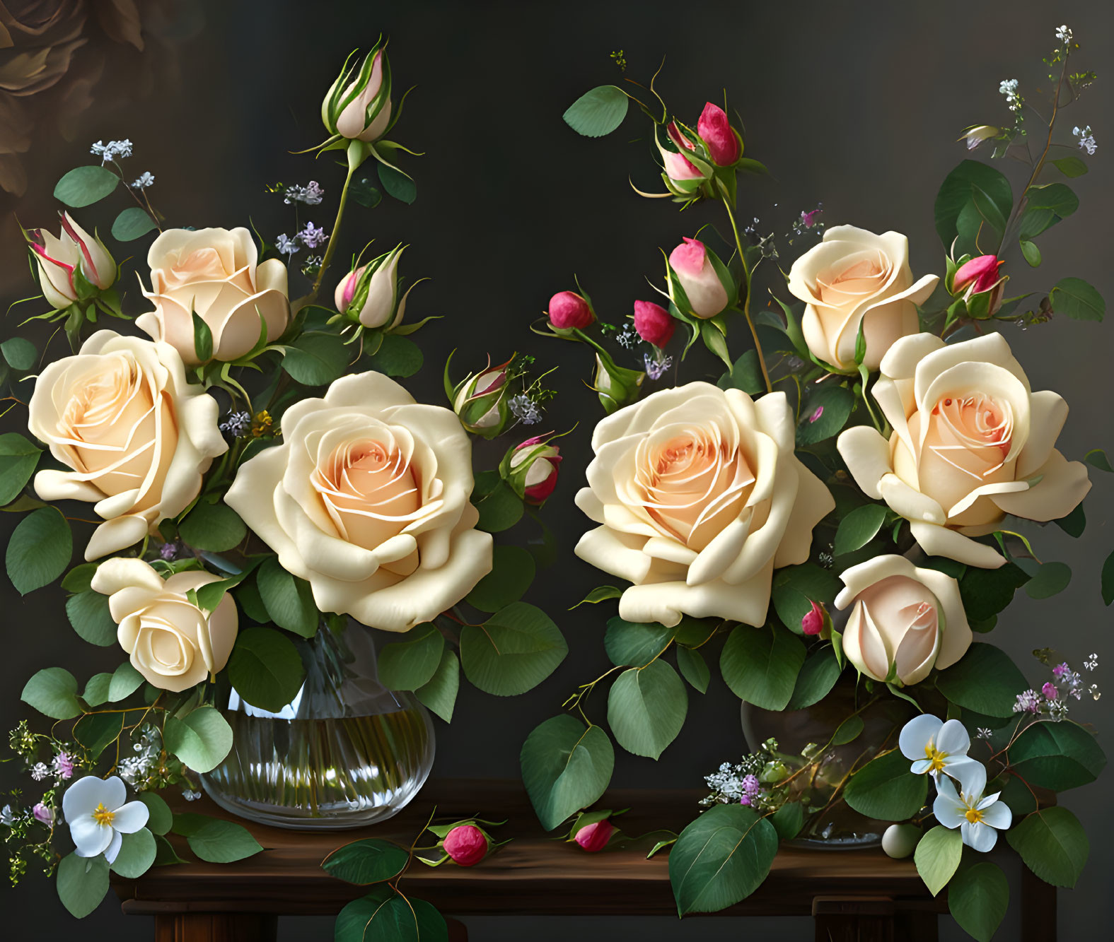 Cream Roses and Pink Rosebuds in Vase Still Life Display