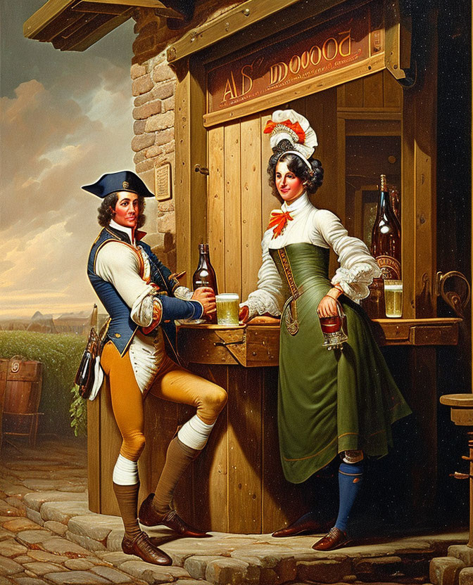 Colonial man and woman in period attire converse at tavern door