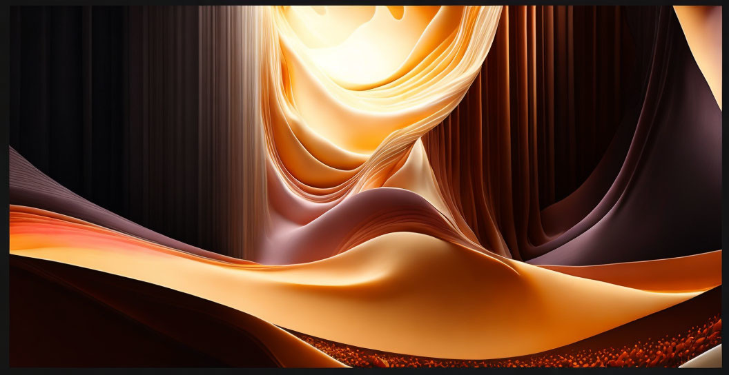 Warm-toned abstract digital art with flowing shapes in orange, brown, and black, featuring a lumin