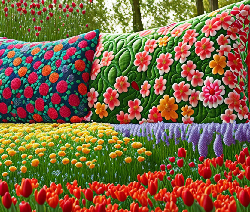 Colorful Tulip Garden Scene with Patterned Pillow on Bench