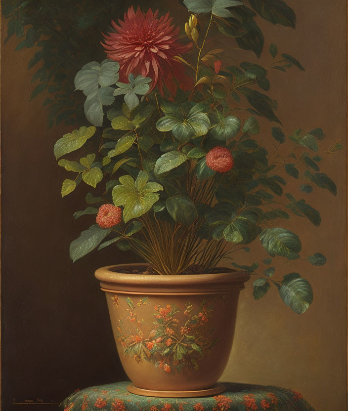 Lush potted plant with red flower in oil painting