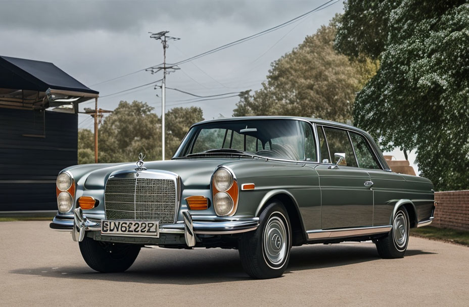 Classic Green Sedan with Chrome Grille Parked on Tarmac Road