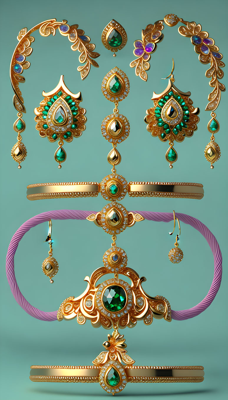 Exquisite Gold Jewelry Set with Green Gems and Pearls on Teal Background